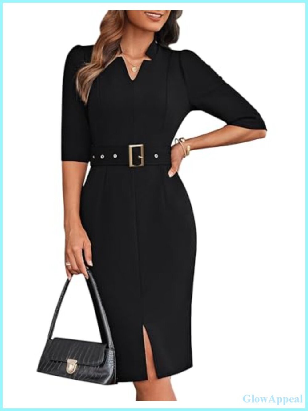 Women's Work Dress 3/4 Puff Sleeve V Neck Bodycon Belted Midi Office Dress